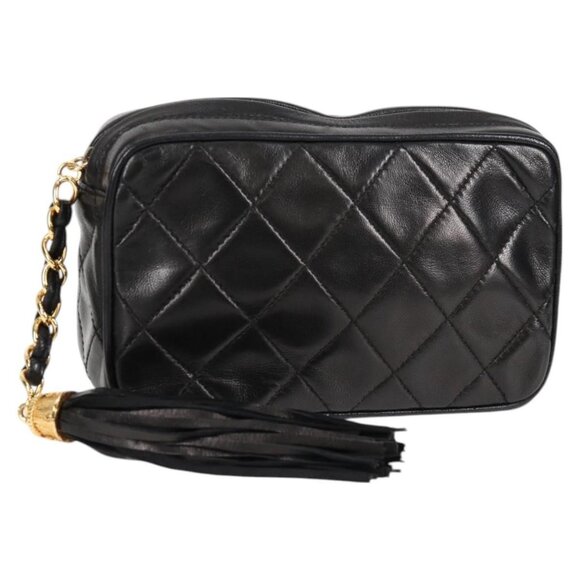 CHANEL Matelasse Chain Pouch Shoulder Bag Lamb Skin Black Gold CC Auth 125974V - Picture 1 of 16